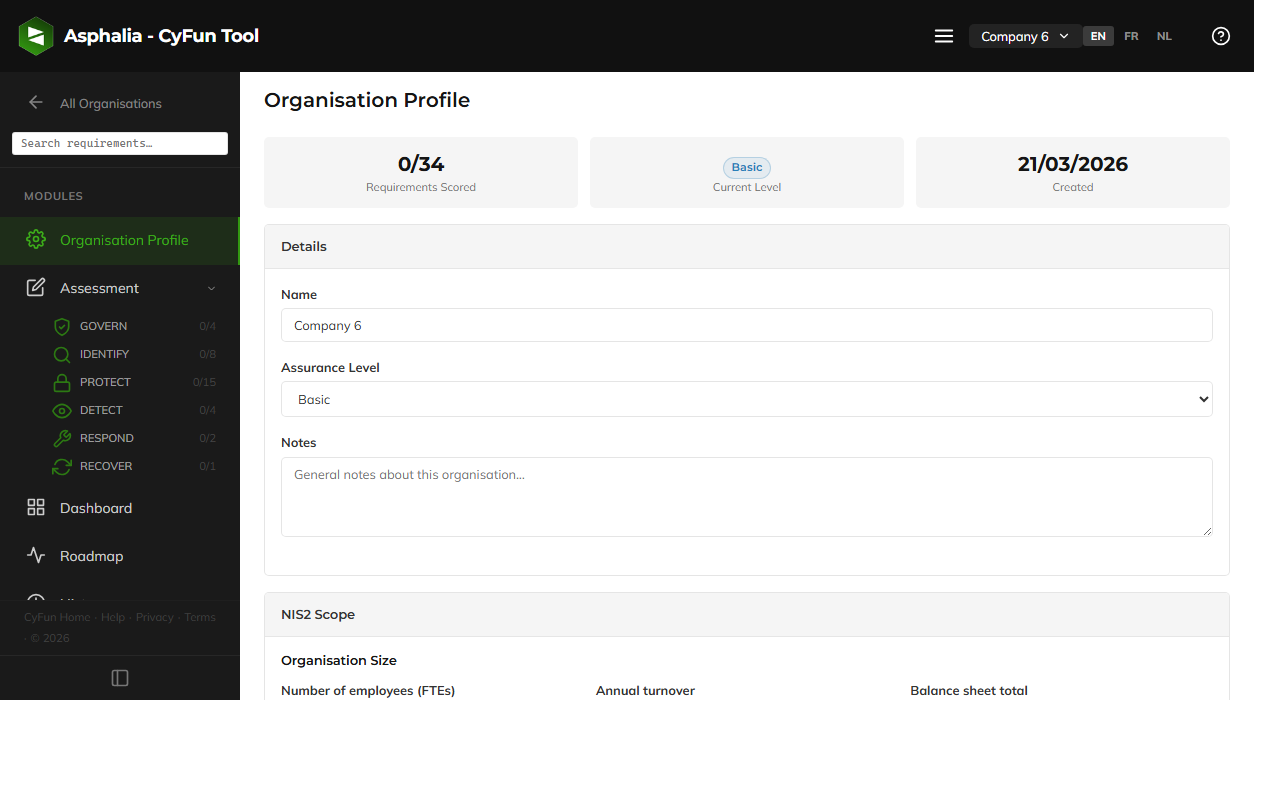 Organisation Profile page showing level selection and NIS2 scope fields
