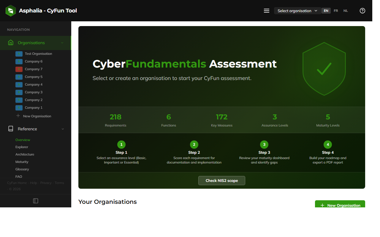 Organisations home screen showing the list of organisations and New Organisation button