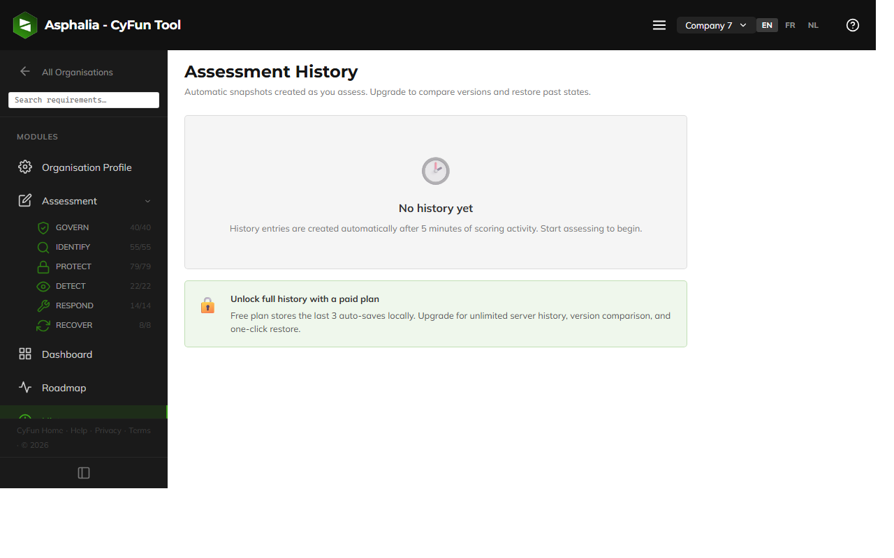 History page showing export options and snapshot comparison view